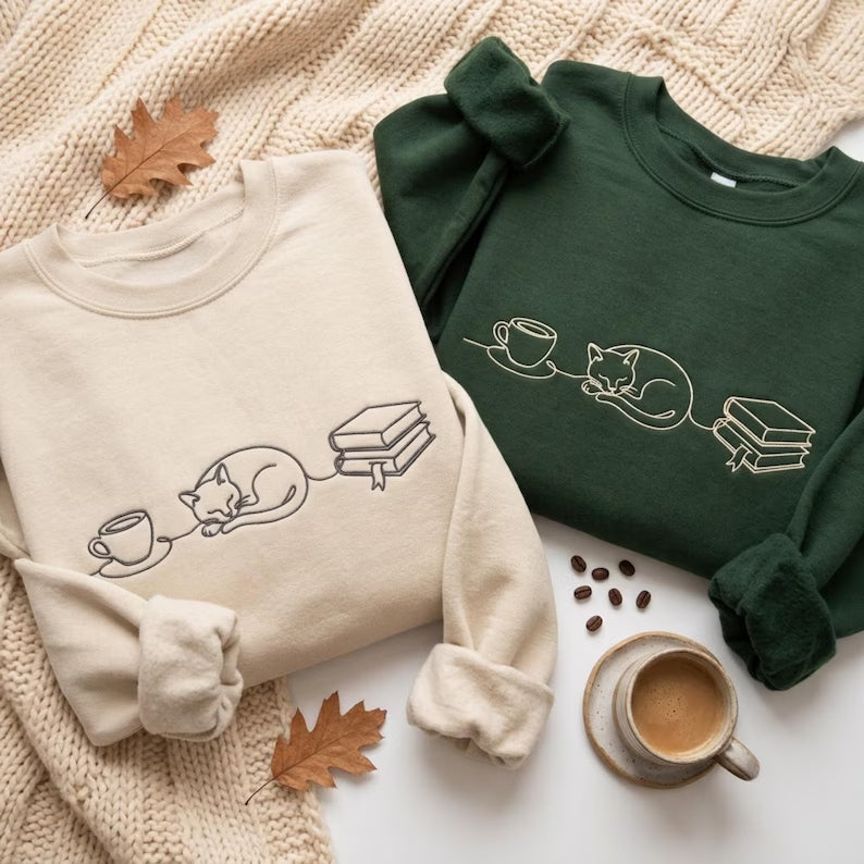 Cat Coffee Books One Line Art Minimalist embroidered sweatshirt — front view
