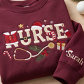Personalized Christmas Nurse Santa Hat Stethoscope Holly Candy Cane embroidered sweatshirt — front view