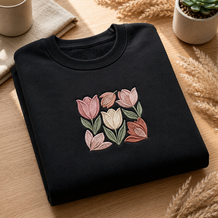 Tulip Floral Bouquet Spring Flowers Embroidered Sweatshirt