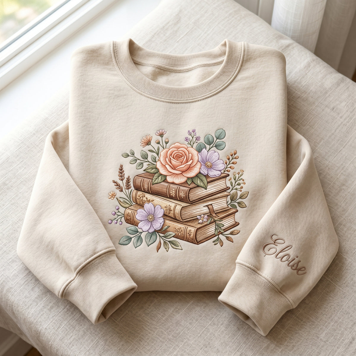 Personalized Floral Books Stack Rose Wildflowers Book Lover embroidered sweatshirt — front view