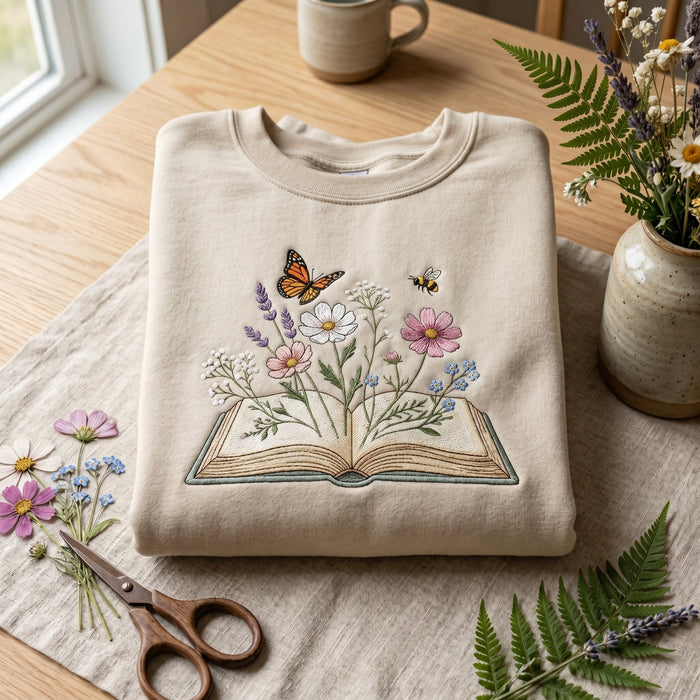 Wildflower Book Open Pages Botanical Butterfly Bee Embroidered Sweatshirt