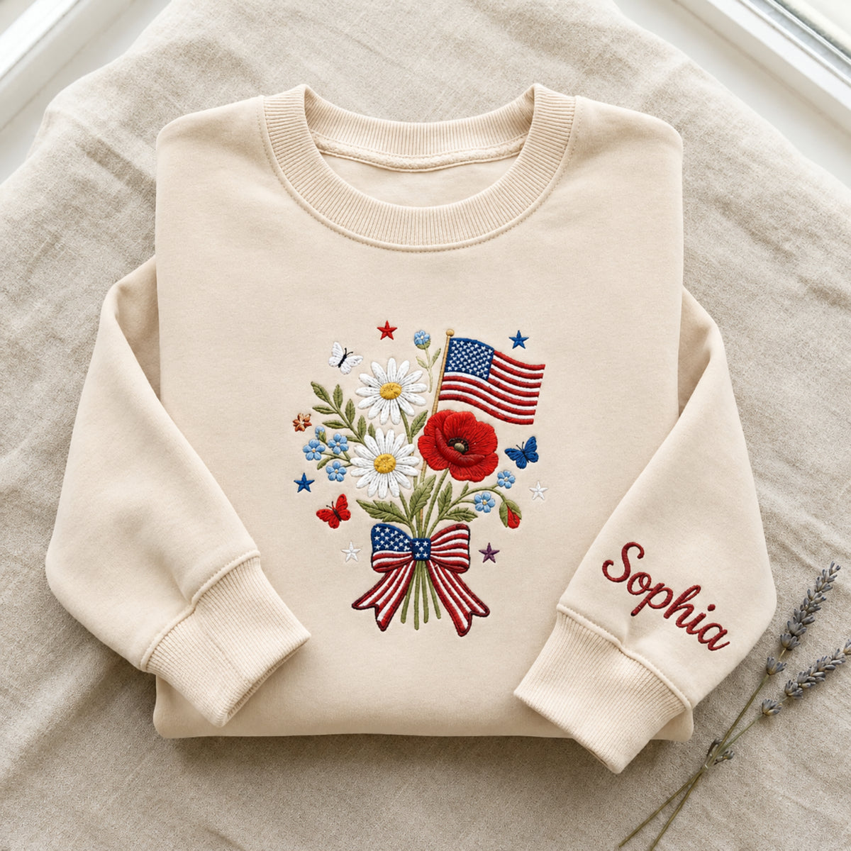 Personalized Patriotic Wildflower Bouquet American Flag Bow embroidered sweatshirt — front view