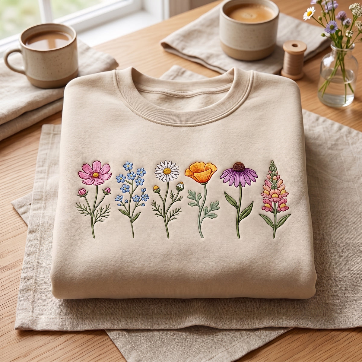 Wildflower Botanical Garden Daisy Cosmos Echinacea Poppy embroidered sweatshirt — front view