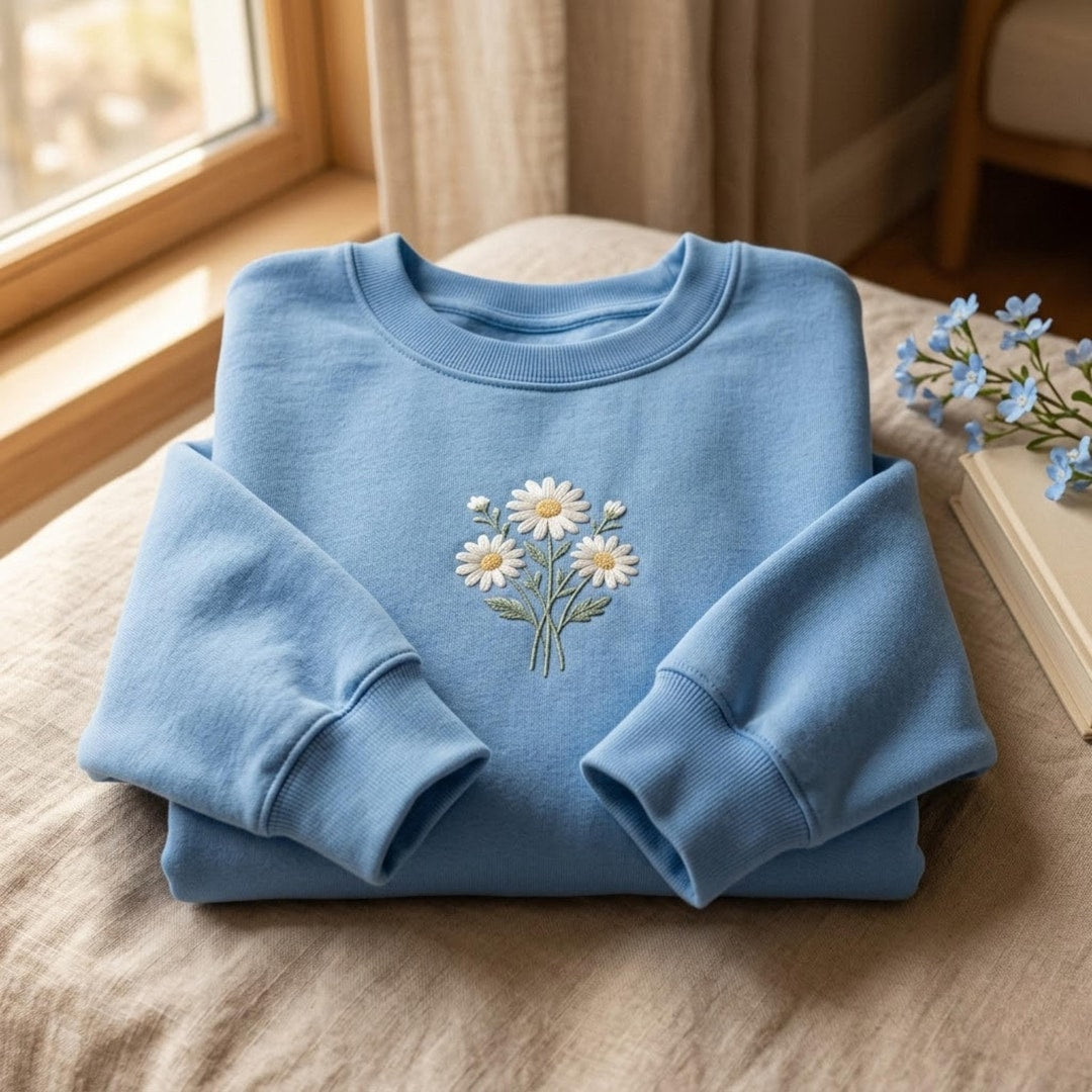 Daisy Bouquet Wildflower Minimalist embroidered sweatshirt — front view