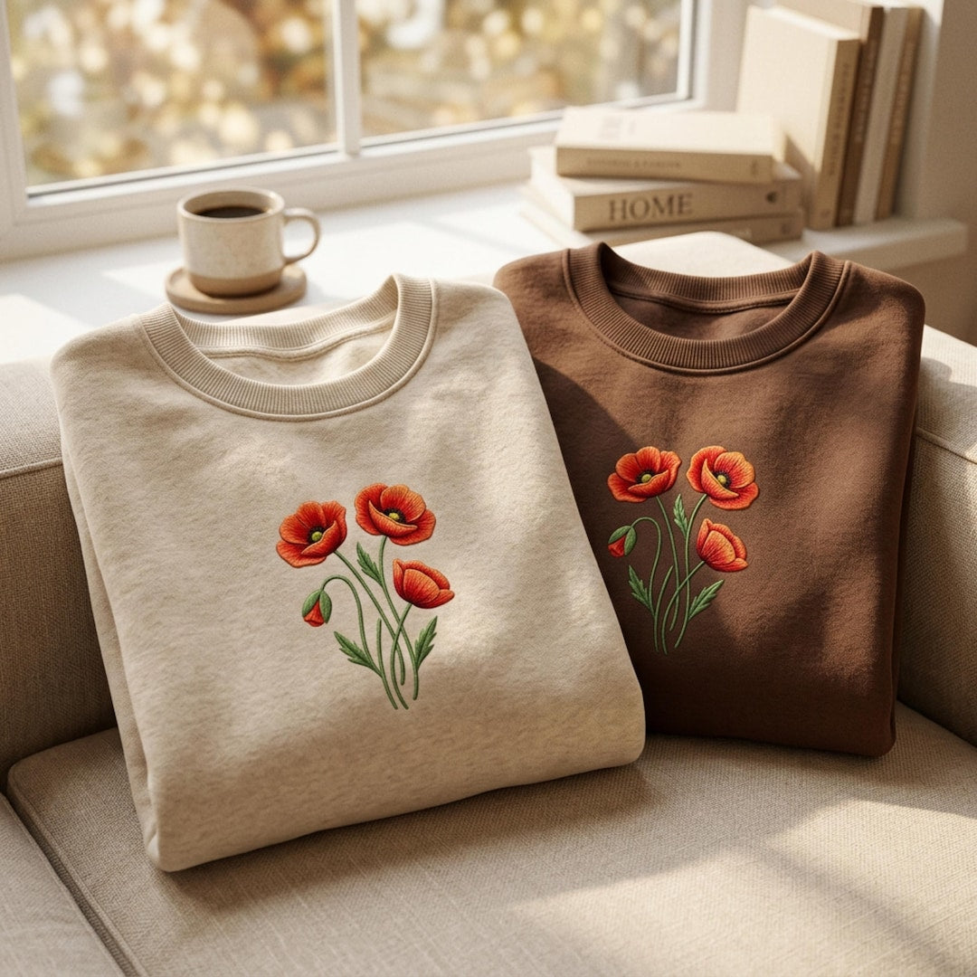 Vintage Poppy Flower Bouquet Botanical Floral embroidered t-shirt — front view
