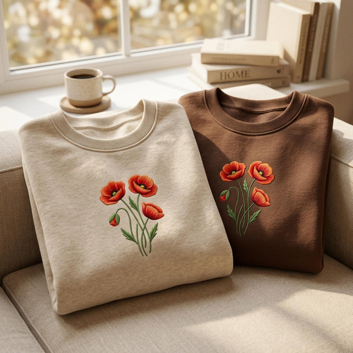 Vintage Poppy Flower Bouquet Botanical Floral Embroidered T-Shirt
