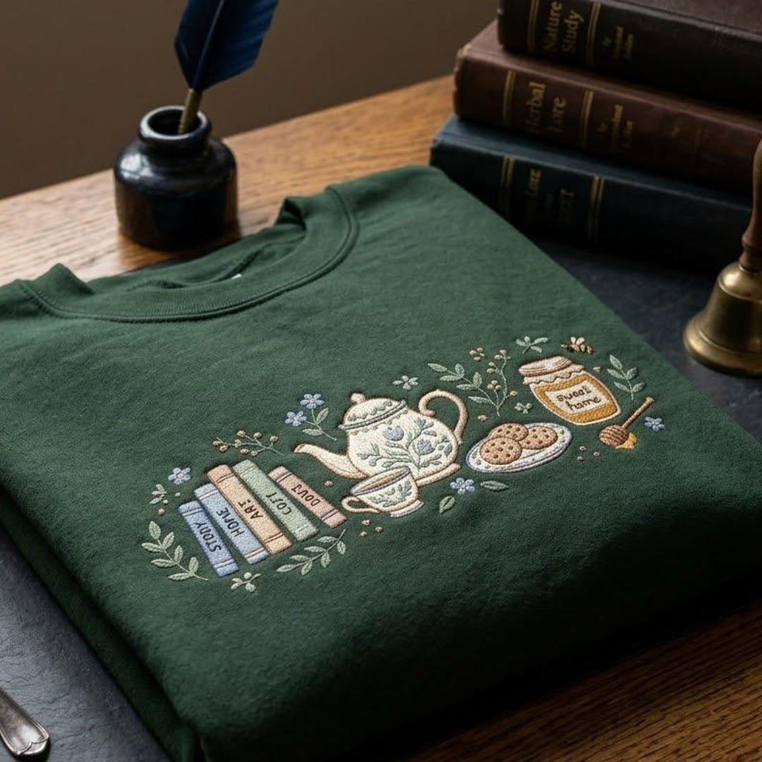 Cottagecore Tea Cup Books Honey Jar Cookies Floral Vintage Grandmacore embroidered sweatshirt — front view