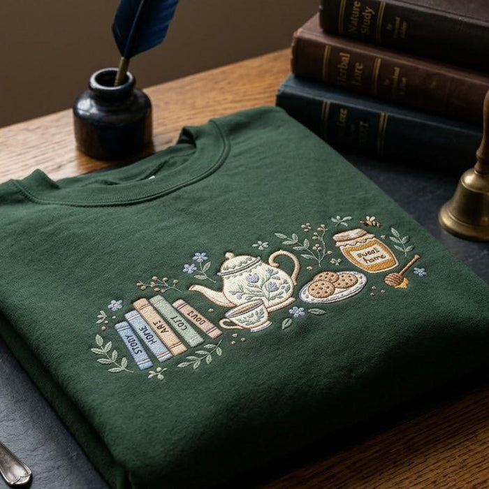 Cottagecore Tea Cup Books Honey Jar Cookies Floral Vintage Grandmacore Embroidered Sweatshirt