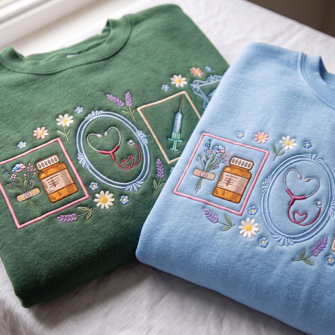 Nurse Floral Stethoscope Pill Bottle Bandage Syringe Cottagecore embroidered sweatshirt — front view