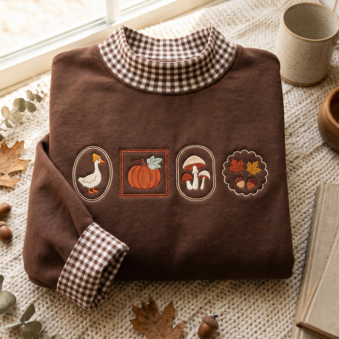 Fall Cottagecore Goose Pumpkin Mushroom Acorn Autumn Embroidered Gingham Sweatshirt