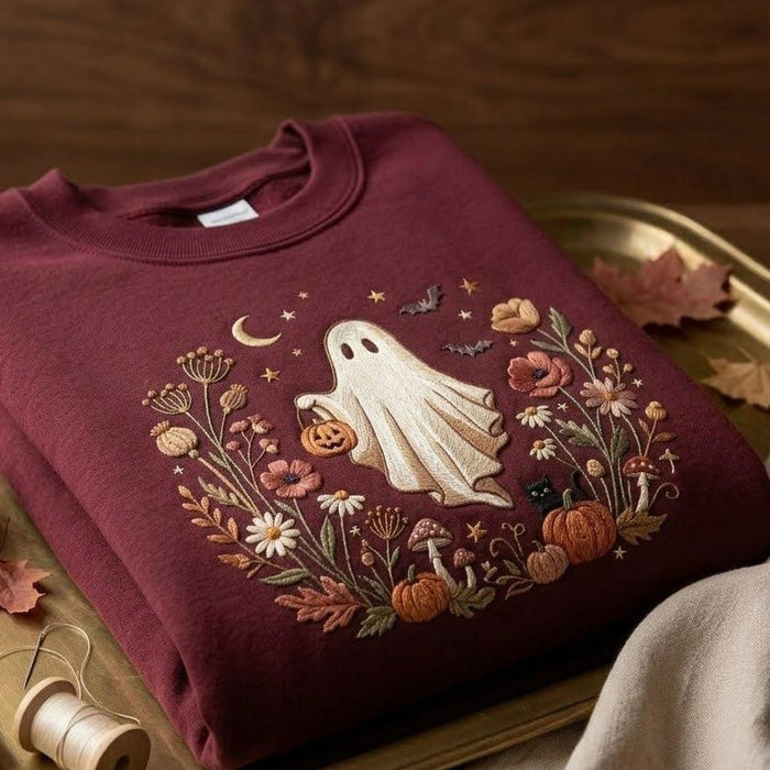 Halloween Ghost Wildflower Floral Pumpkin Basket Black Cat Bats Moon Embroidered Sweatshirt