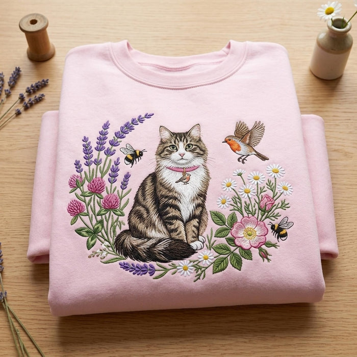 Tabby Cat Wildflower Botanical Lavender Daisy Bee Robin Bird Embroidered Hoodie