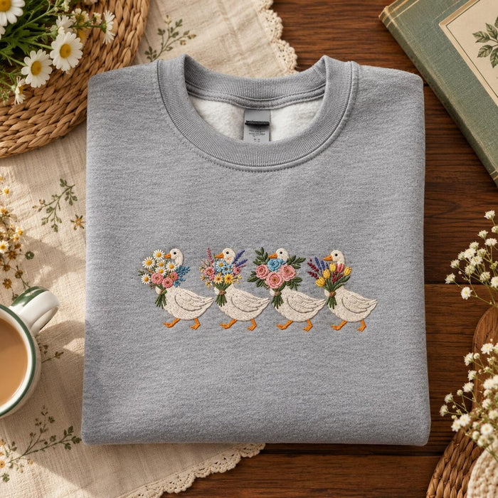 Four Geese Floral Bouquet Cottagecore Bird Parade Embroidered Sweatshirt