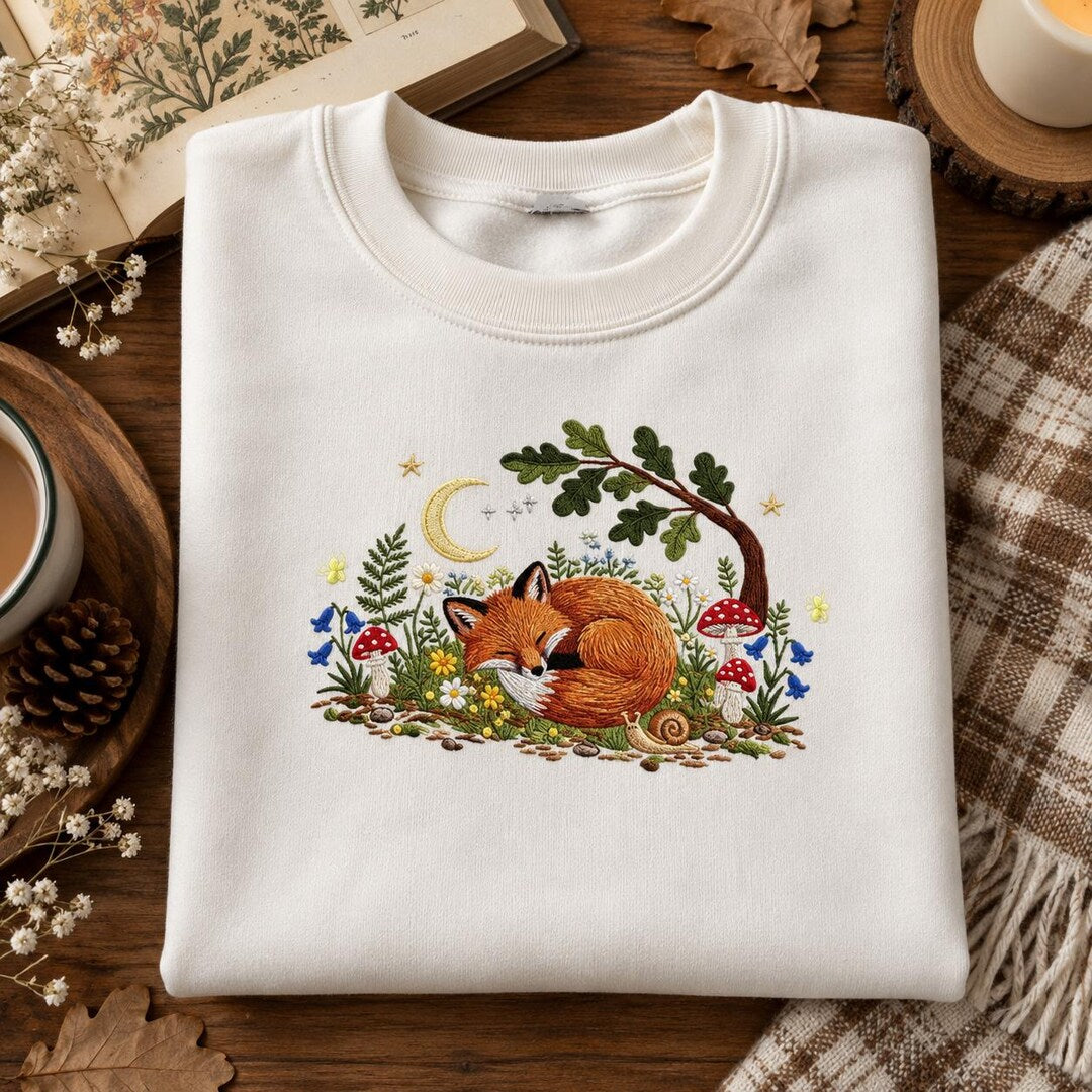 Sleeping Fox Wildflower Mushroom Moon Woodland Cottagecore embroidered sweatshirt — front view