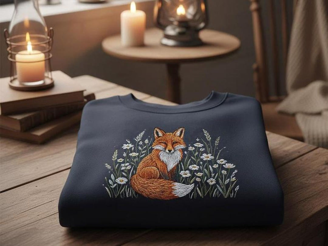 Fox Wildflower Meadow Daisy Botanical embroidered sweatshirt — front view