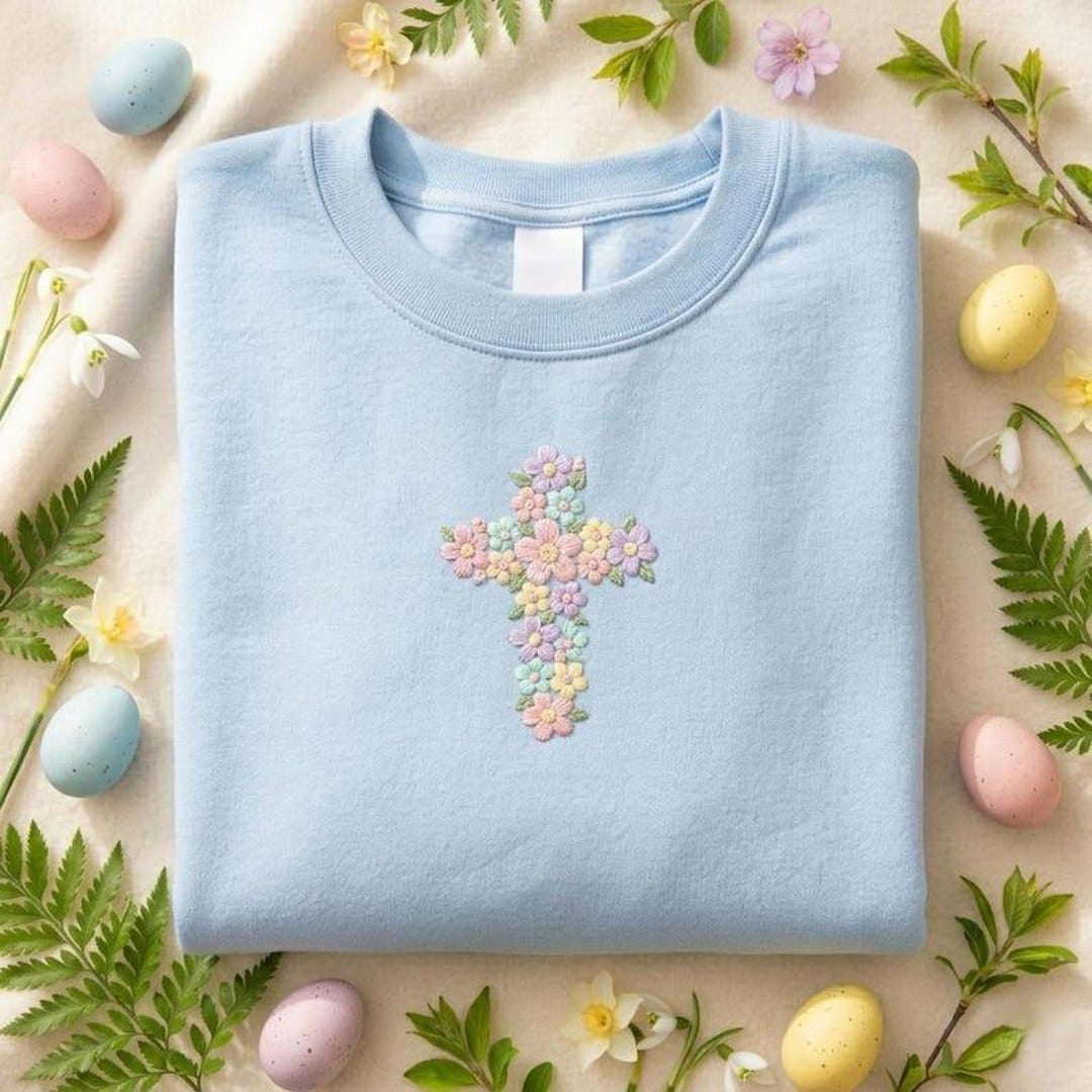 Floral Cross Faith Easter Pastel Daisy Flowers Christian embroidered sweatshirt — front view