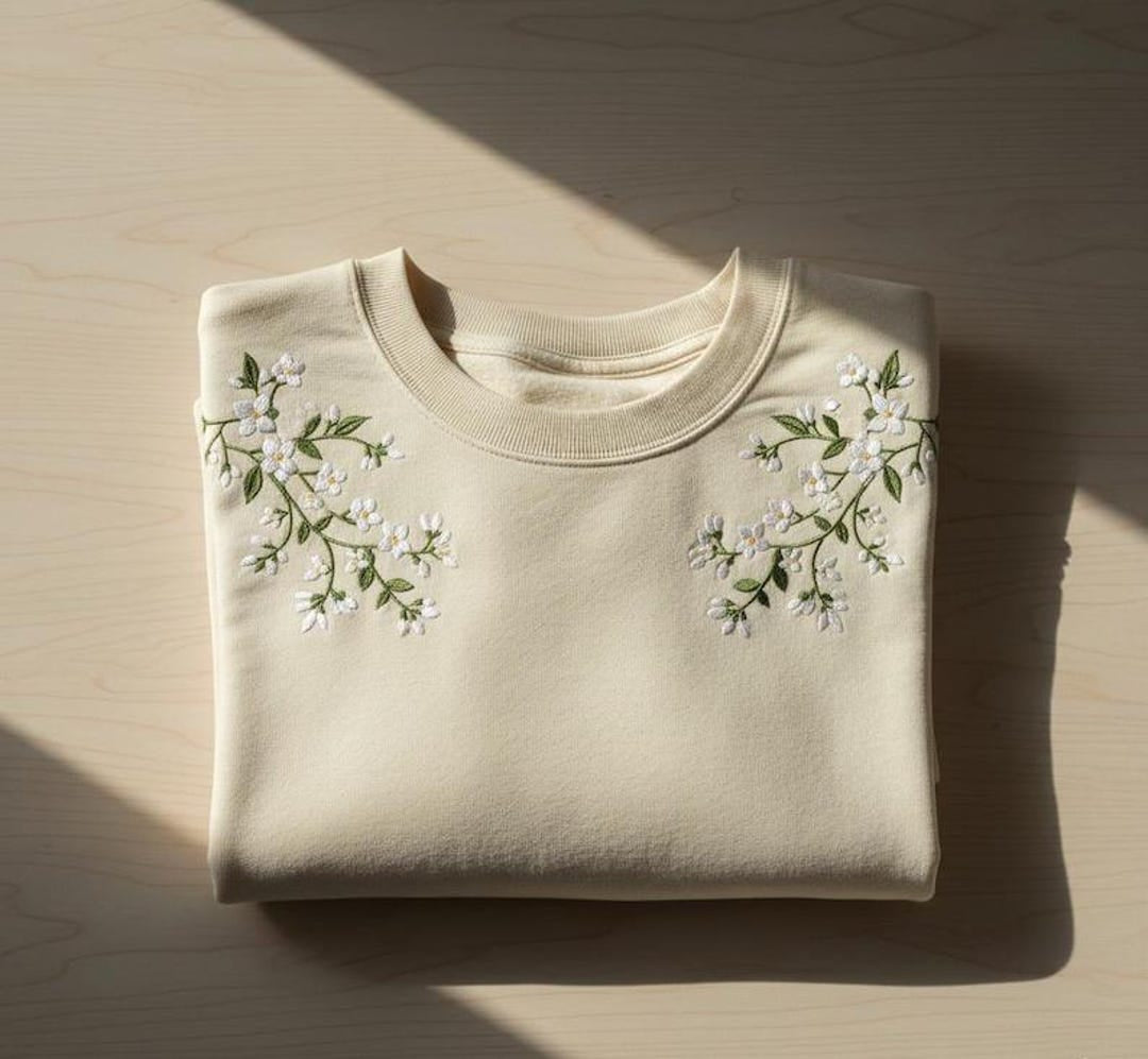 Cherry Blossom Floral Branch Shoulder Botanical embroidered sweatshirt — front view