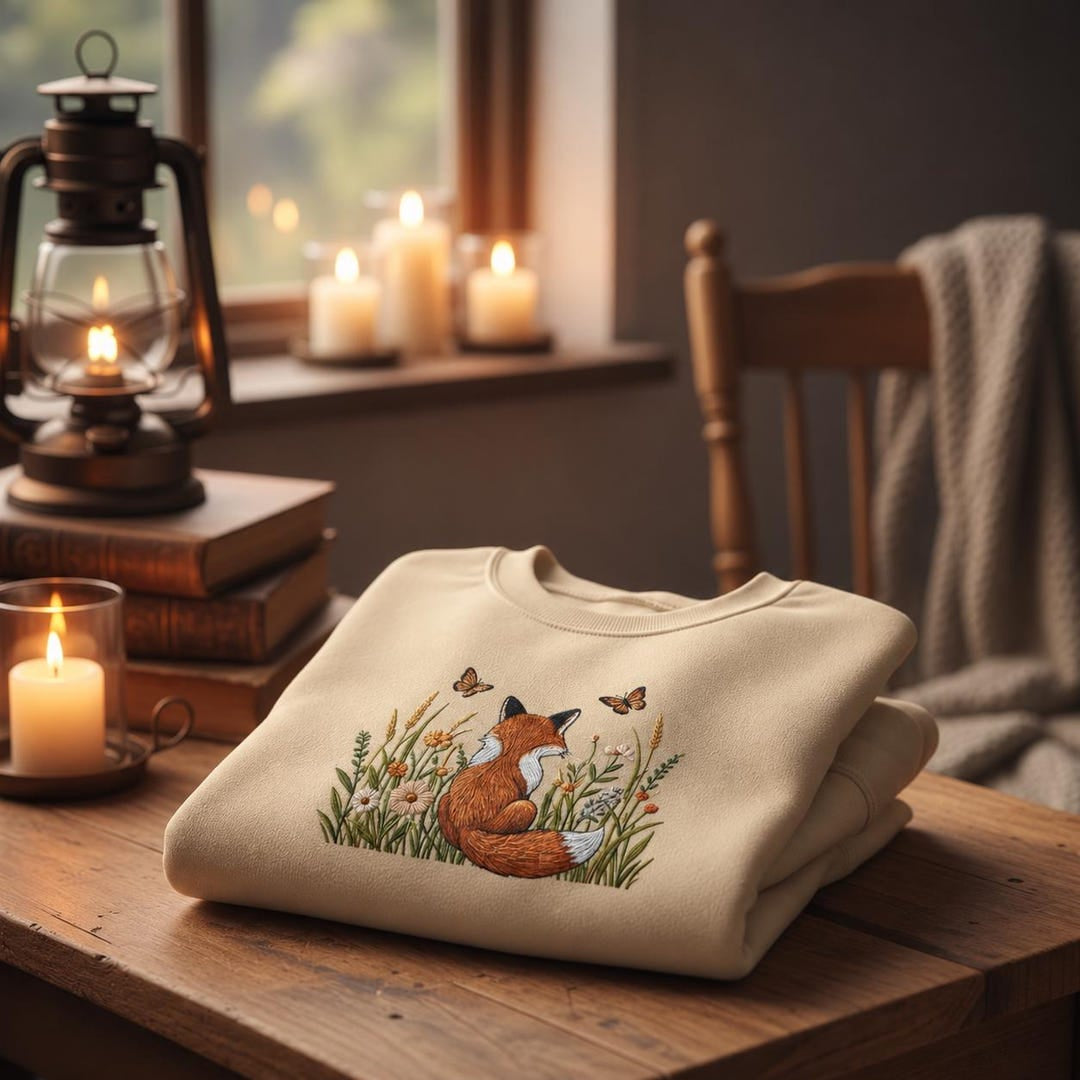 Fox Wildflower Meadow Butterflies Cottagecore Nature embroidered sweatshirt — front view