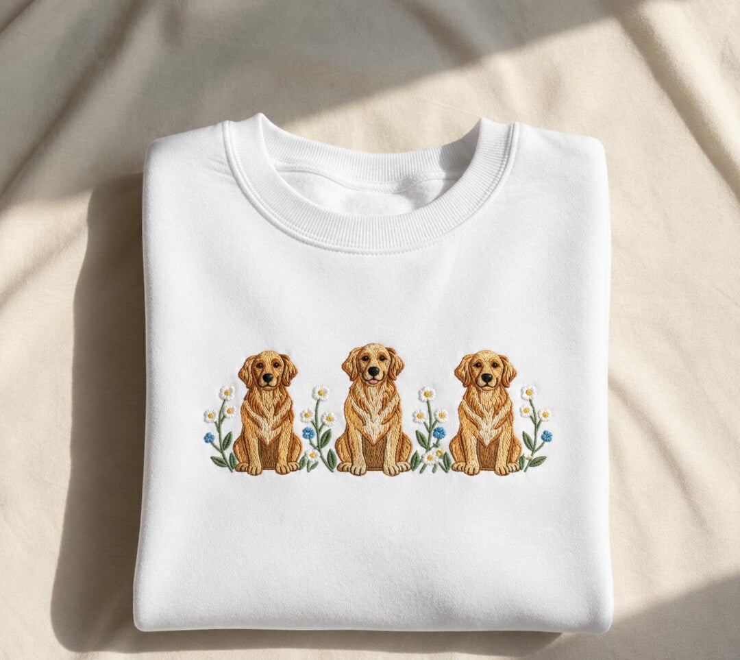 Three Golden Retrievers Wildflowers Daisy Floral Dog Mom embroidered sweatshirt — front view