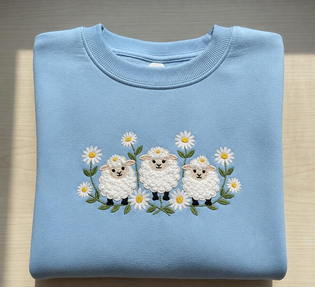 Three Sheep Daisy Floral Cottagecore Farm Animal embroidered sweatshirt — front view