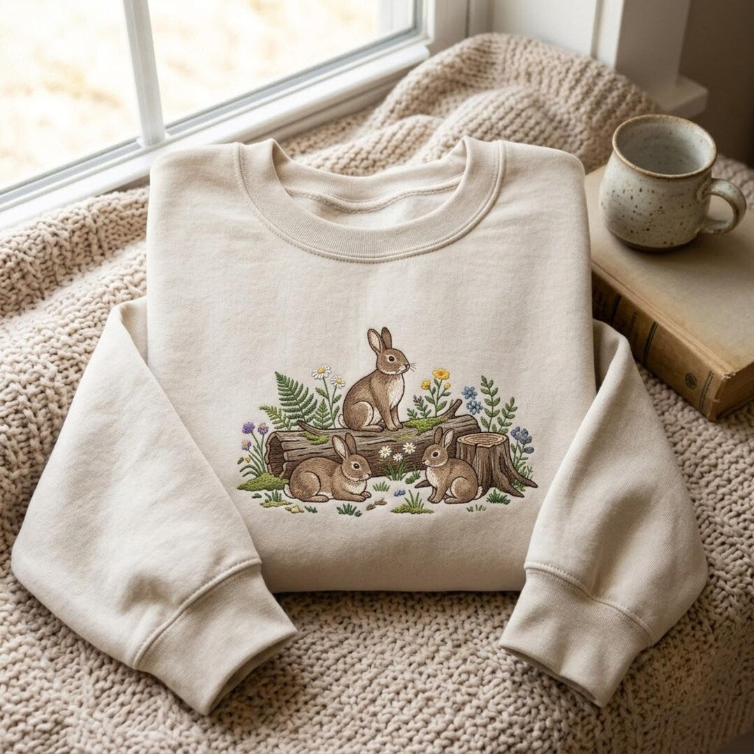 Woodland Bunny Trio Floral Log Cottagecore embroidered sweatshirt — front view