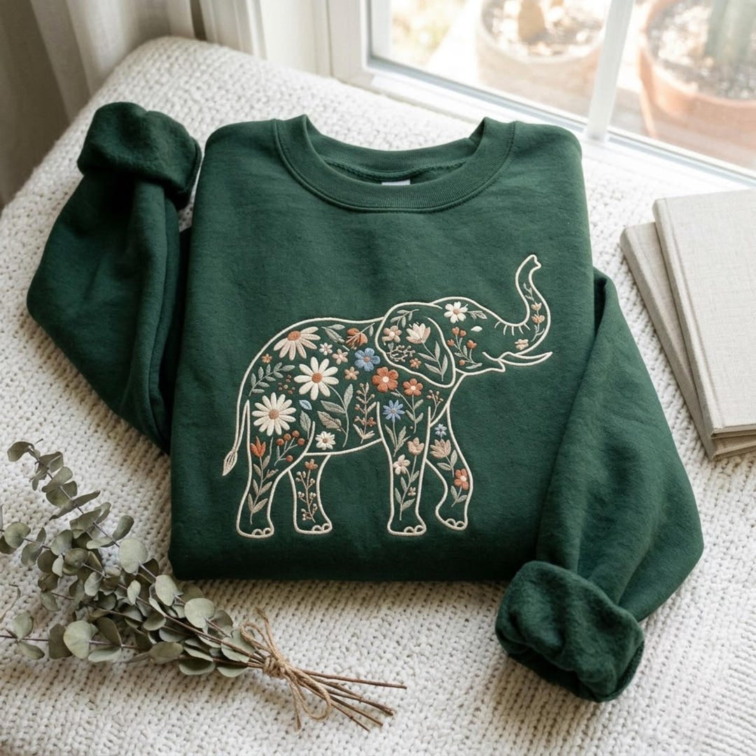 Floral Elephant Wildflower Botanical Fill embroidered sweatshirt — front view