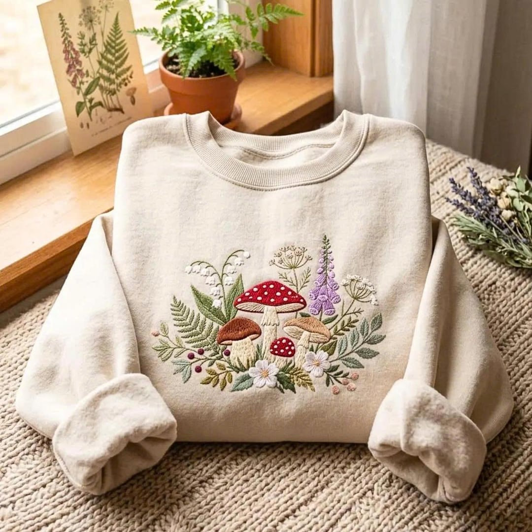 Botanical Mushroom Wildflowers Ferns Cottagecore Forest embroidered sweatshirt — front view