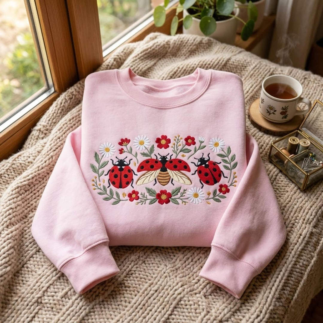 Ladybug Bee Wildflower Botanical Floral Cottagecore embroidered sweatshirt — front view