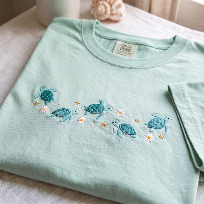Sea Turtles Daisies Stars Coastal Ocean Embroidered T-Shirt