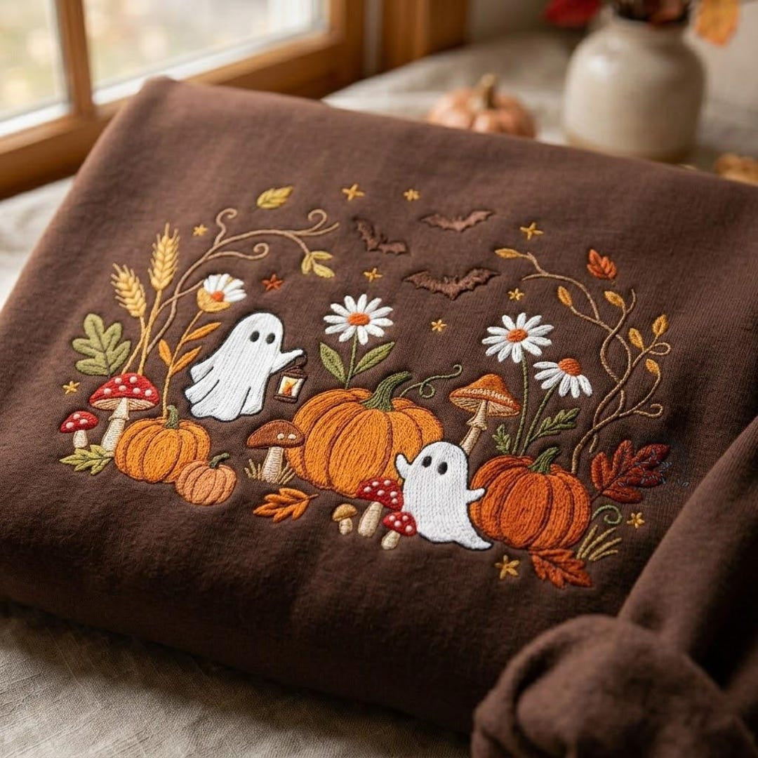 Halloween Cottagecore Ghost Pumpkin Mushroom Daisy Floral Autumn embroidered sweatshirt — front view