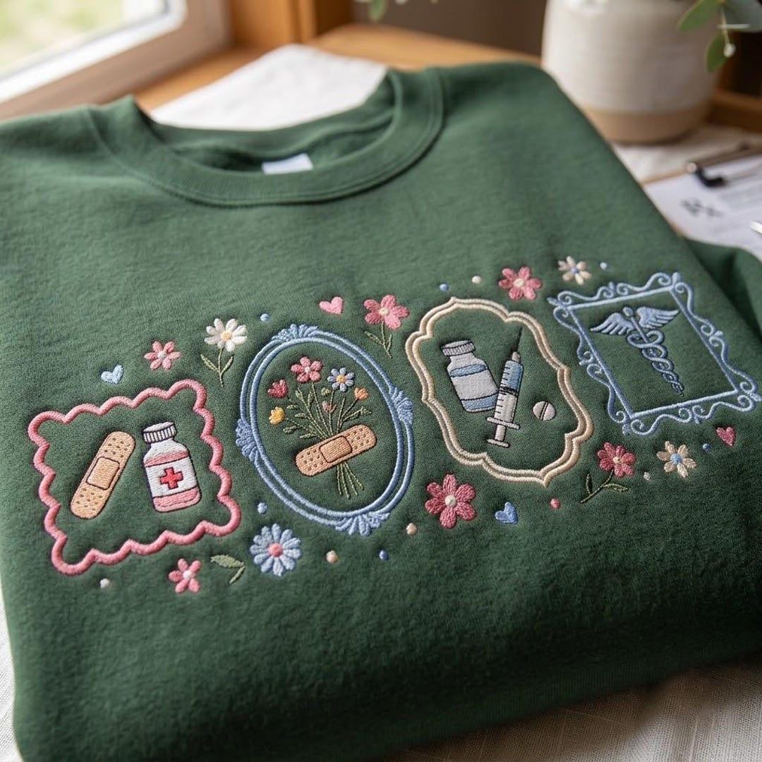 Nurse Medical Symbols Bandage Syringe Caduceus Floral Coquette Cottagecore embroidered sweatshirt — front view