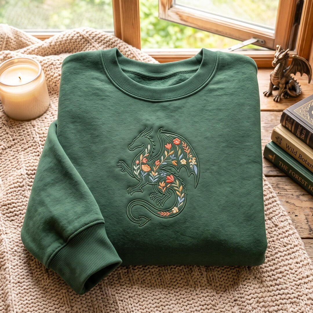 Floral Dragon Cottagecore Folk Art Wildflower Botanical embroidered sweatshirt — front view