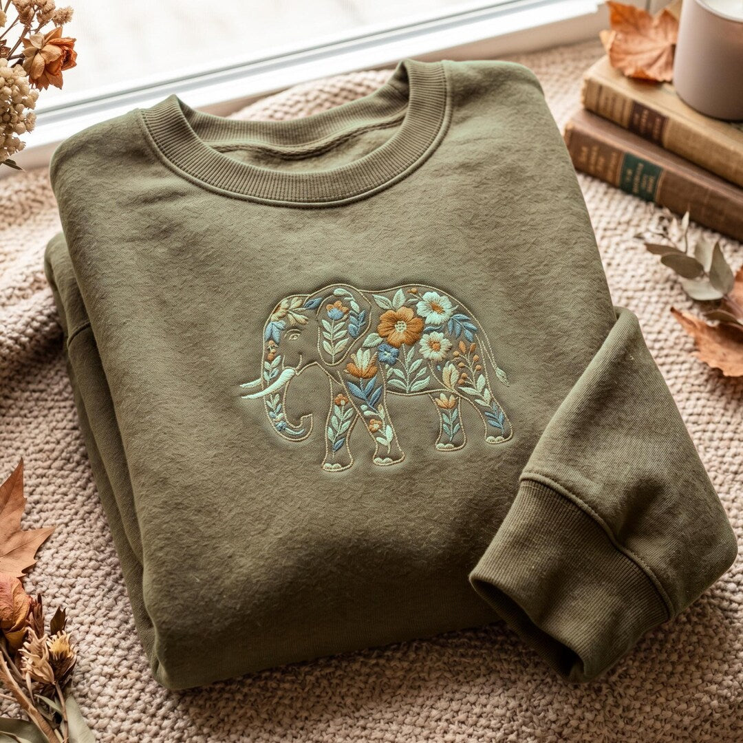 Floral Elephant Boho Wildflower Botanical Silhouette embroidered sweatshirt — front view