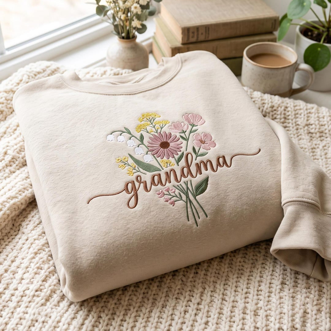 Personalized Grandma Wildflower Bouquet Custom Name Sleeve embroidered sweatshirt — front view