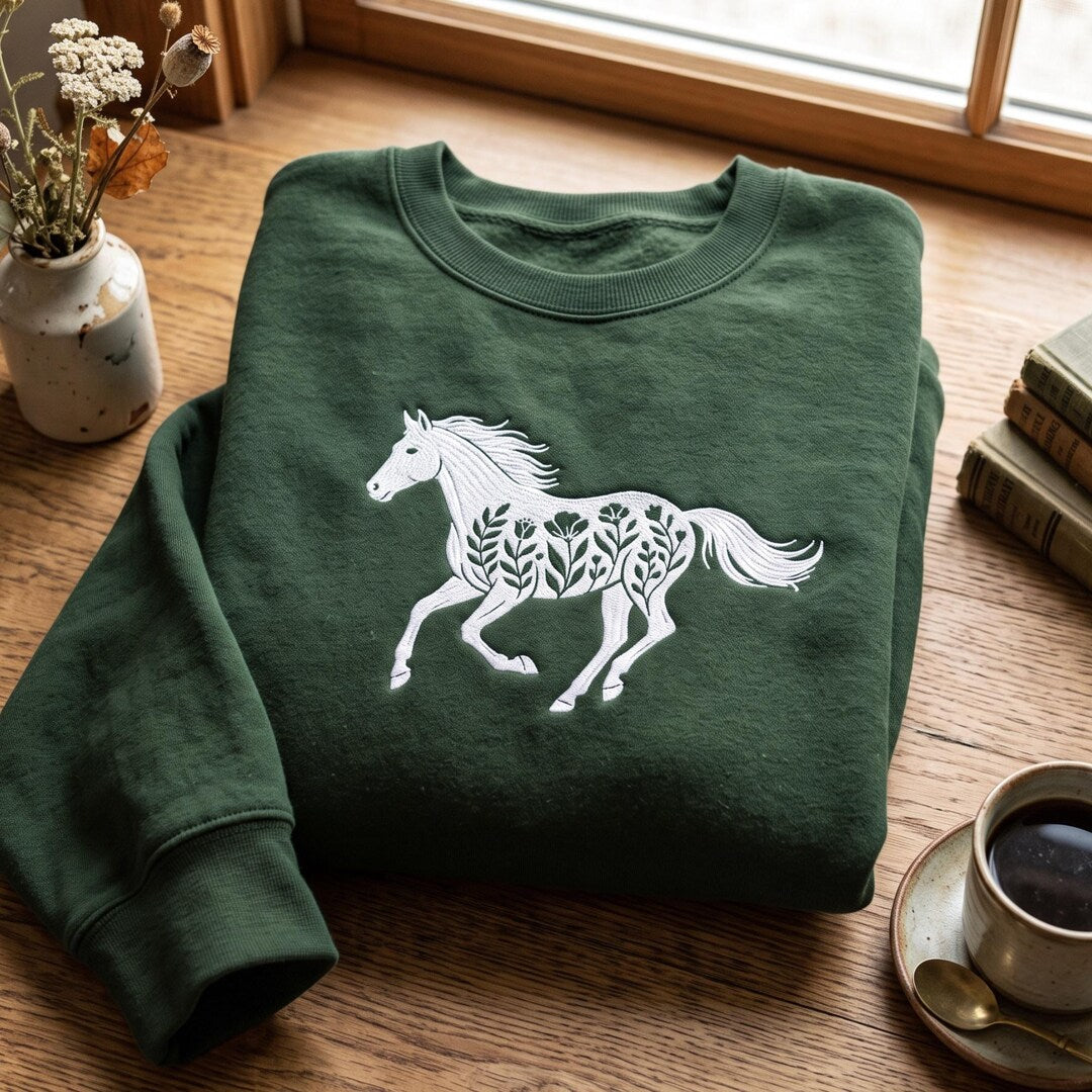 Floral Horse Running Botanical Wildflower Fill embroidered sweatshirt — front view