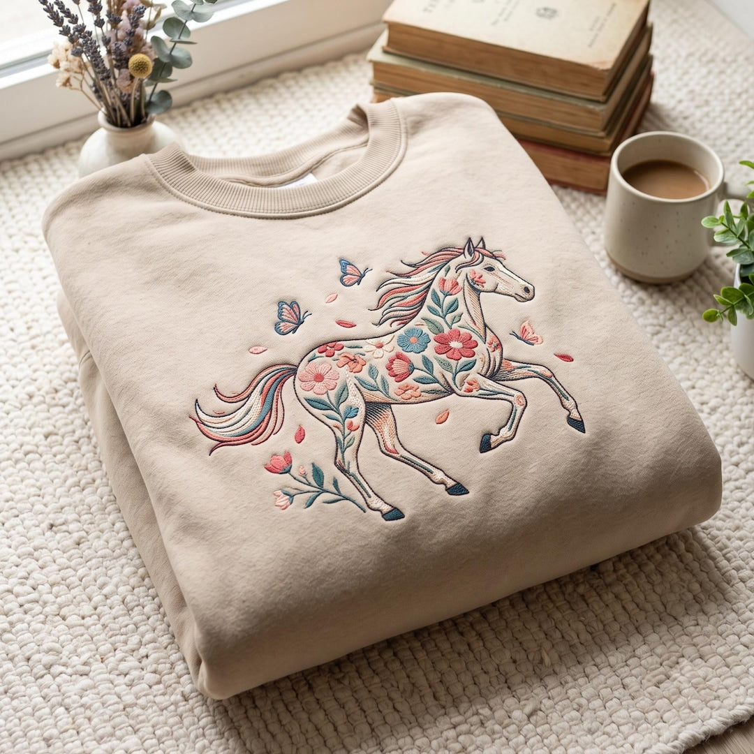 Floral Horse Wildflower Butterfly Blooms embroidered sweatshirt — front view