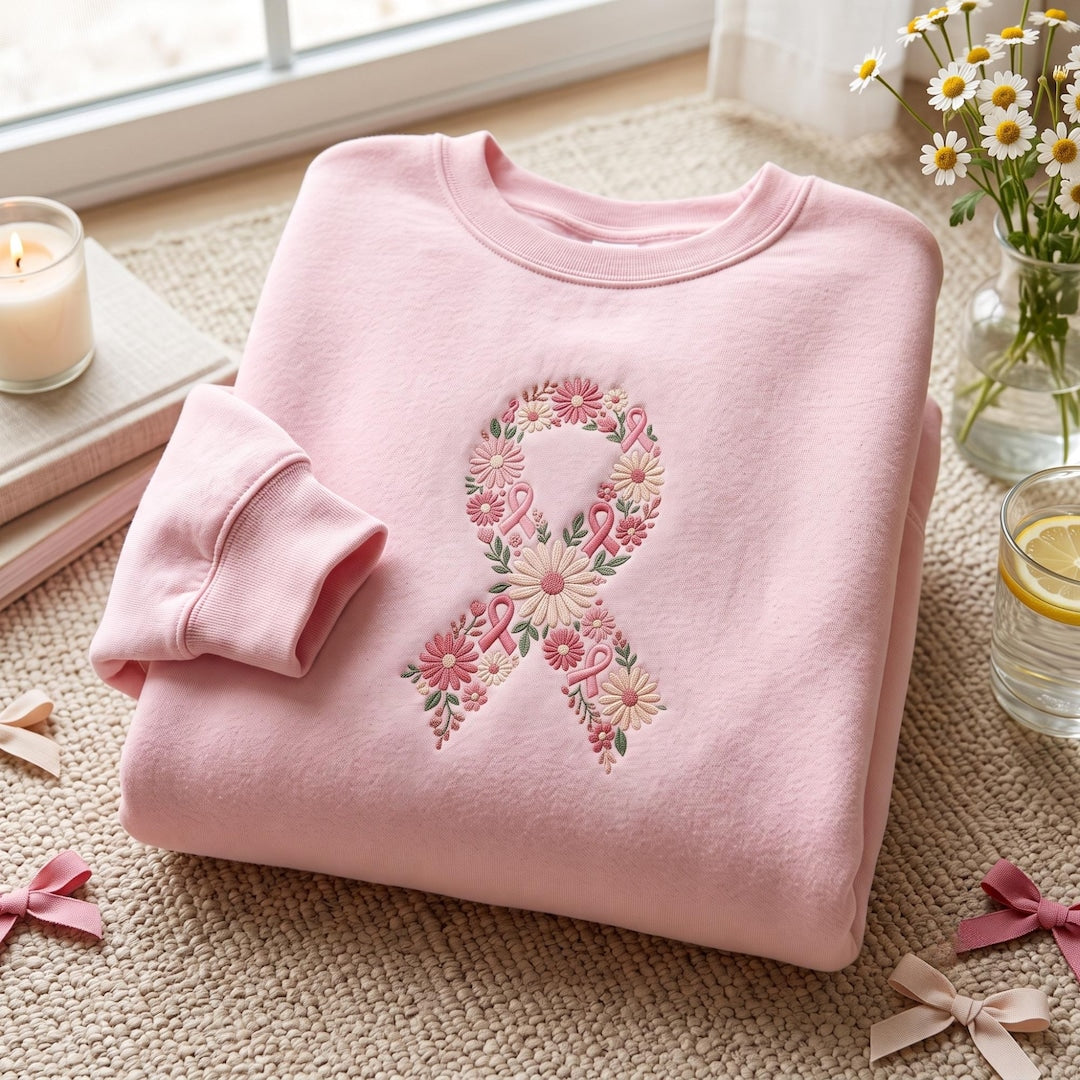 Breast Cancer Awareness Pink Ribbon Floral Wildflowers embroidered sweatshirt — front view