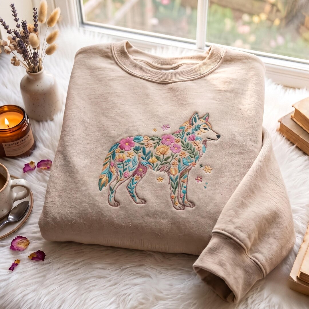 Floral Wolf Wildflower Botanical Silhouette embroidered sweatshirt — front view