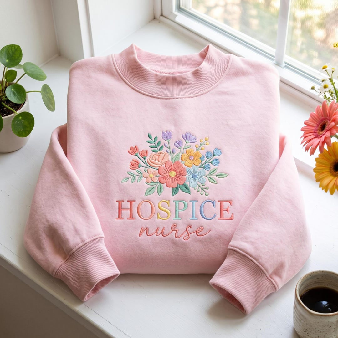 Hospice Nurse Wildflower Bouquet Colorful Floral embroidered sweatshirt — front view