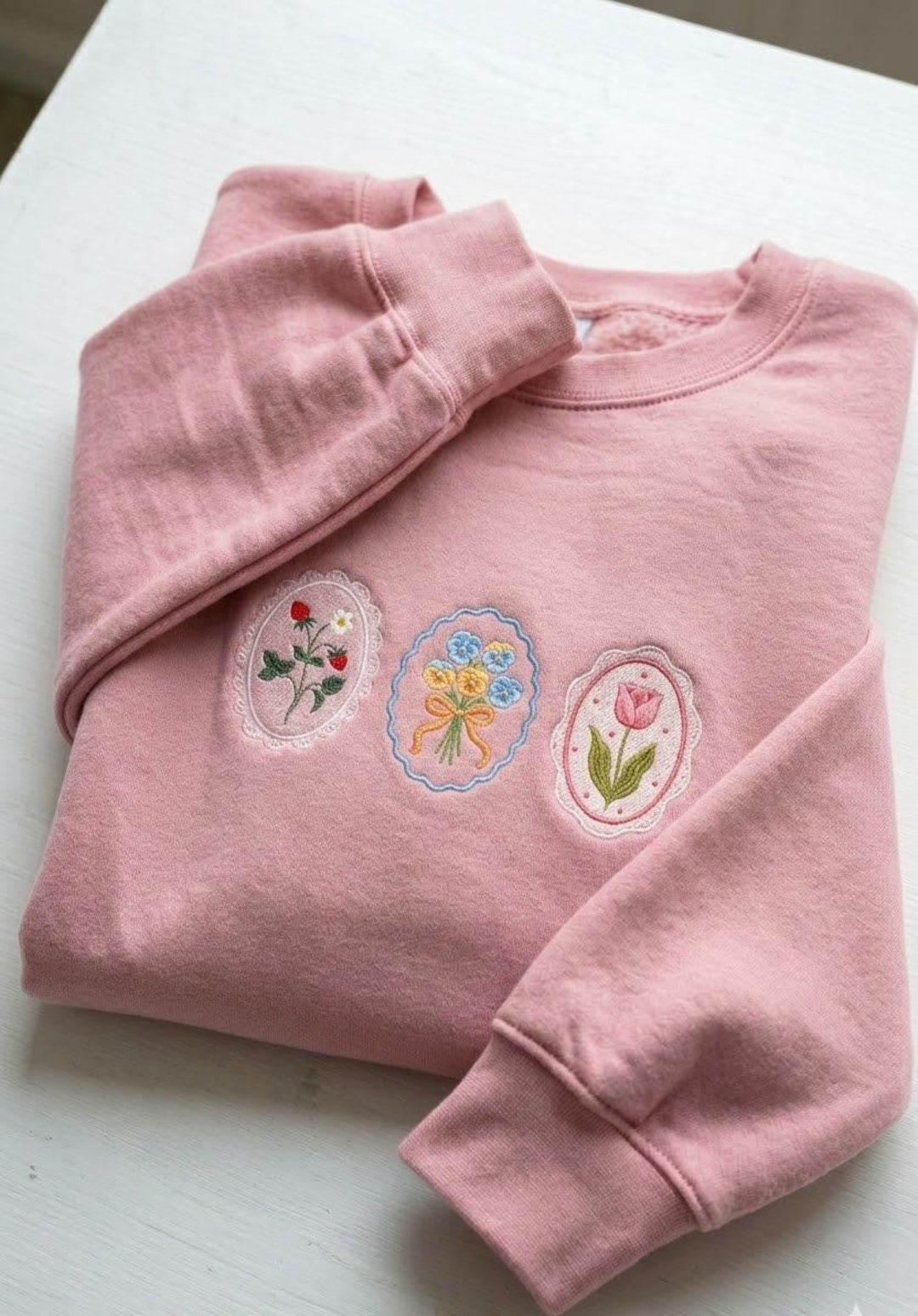 Vintage Floral Cameo Frames Strawberry Tulip Pansy Bouquet embroidered sweatshirt — front view