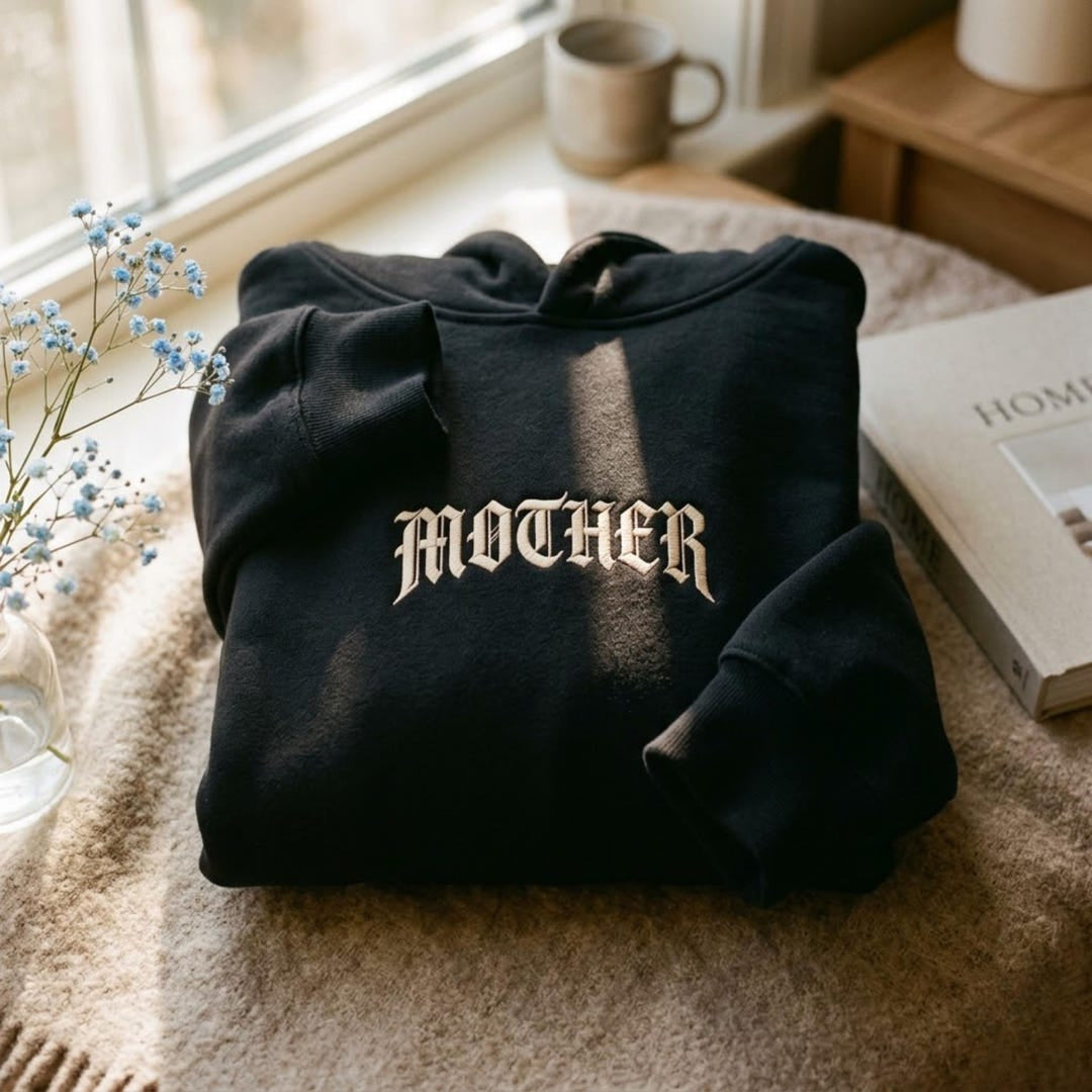 Mother Gothic Old English Blackletter embroidered hoodie — front view