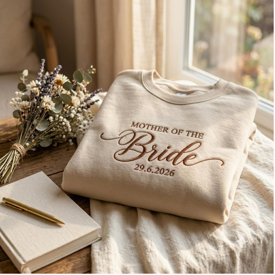 Personalized Mother of the Bride Custom Wedding Date embroidered sweatshirt — front view