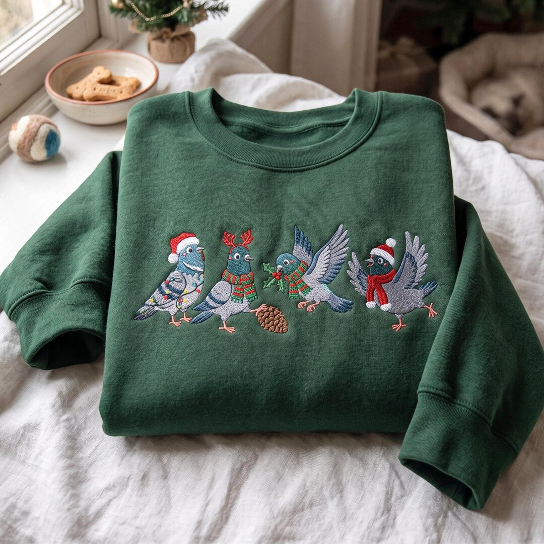 Christmas Pigeons Santa Hat Reindeer Scarf Holiday Birds embroidered sweatshirt — front view