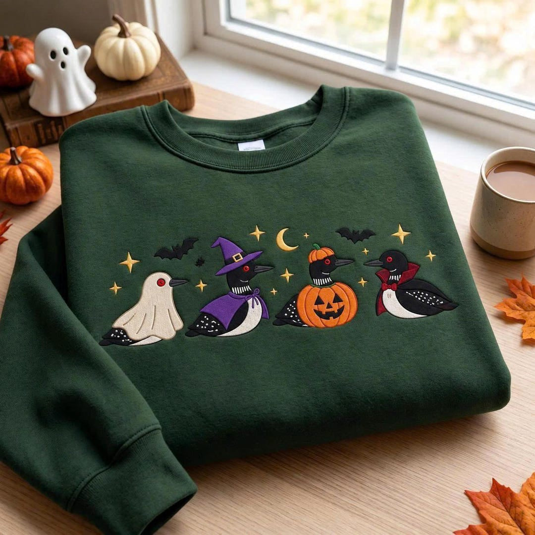 Halloween Loons Ghost Witch Pumpkin Vampire Bats Moon Stars embroidered sweatshirt — front view