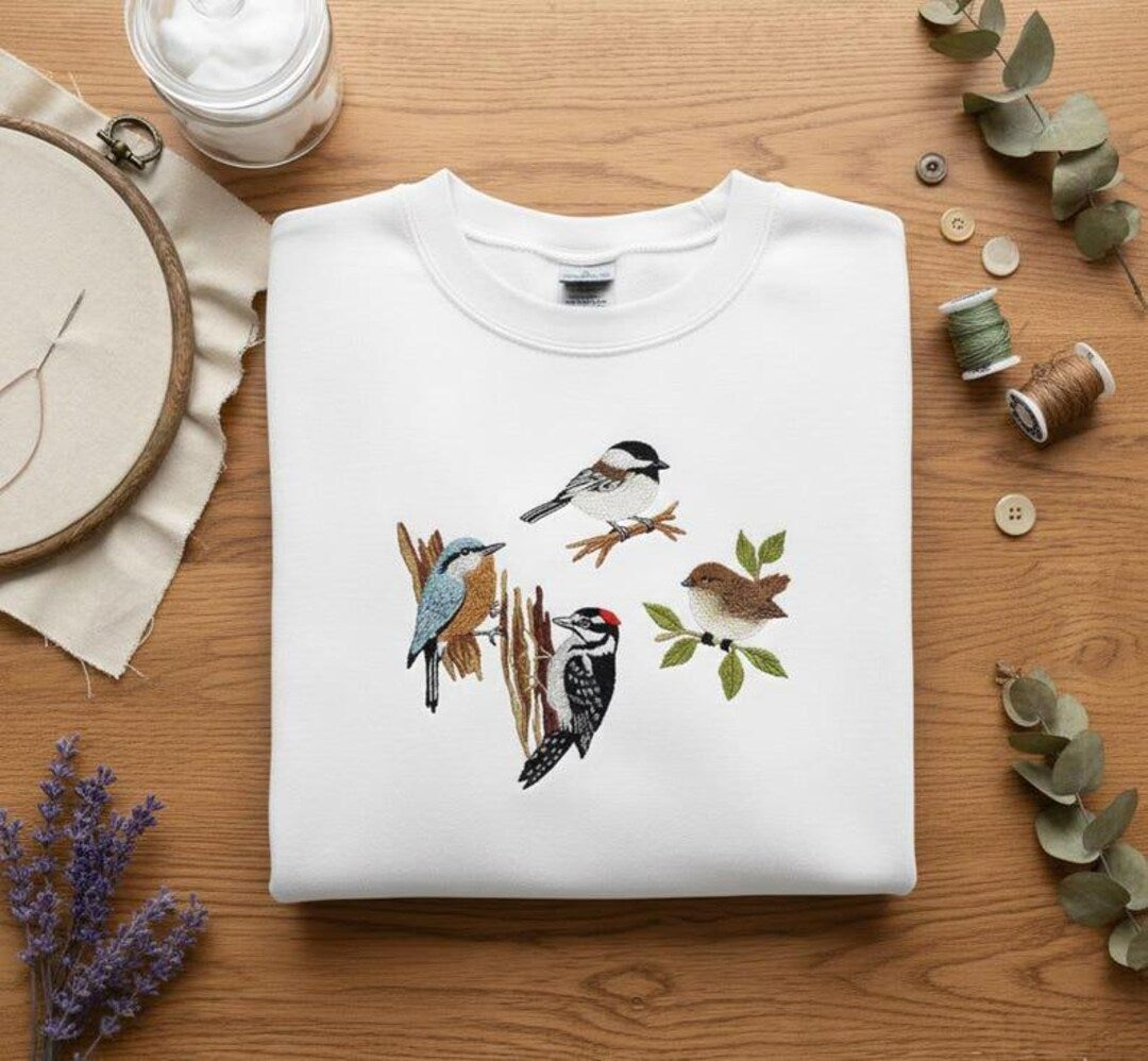 Woodland Birds Chickadee Woodpecker Nuthatch Sparrow Nature Birdwatching embroidered sweatshirt — front view