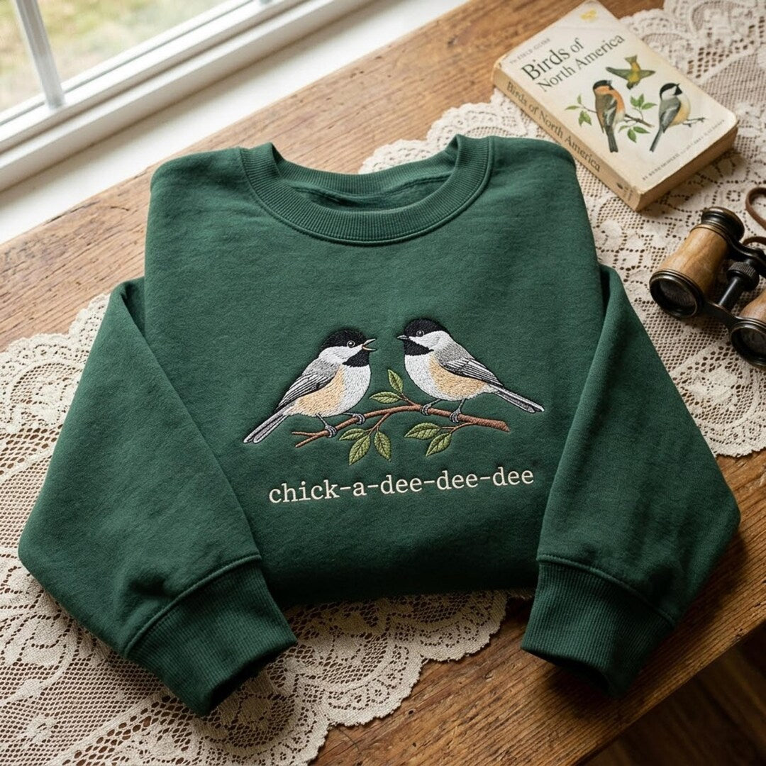 Chickadee Pair Branch Bird Lover Chick-A-Dee-Dee-Dee embroidered sweatshirt — front view