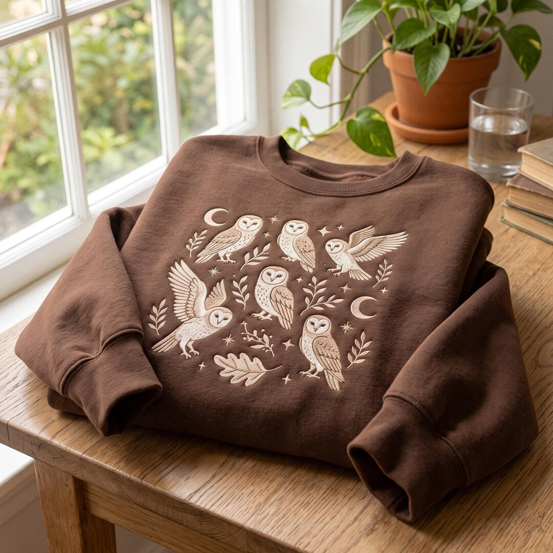 Barn Owls Moon Stars Botanical Cottagecore embroidered sweatshirt — front view