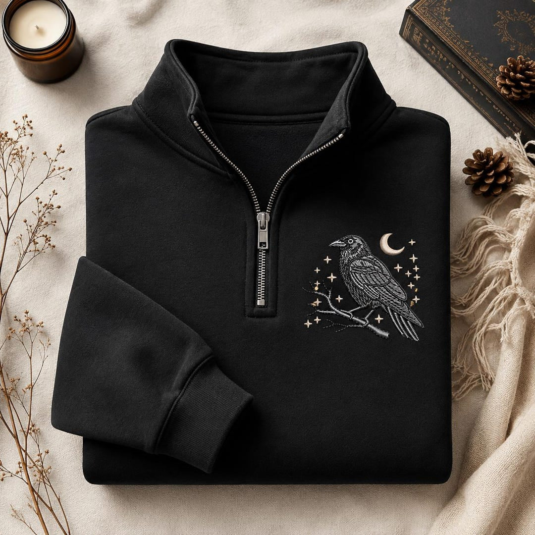 Raven Moon Stars Branch Gothic Celestial Bird embroidered sweatshirt — front view