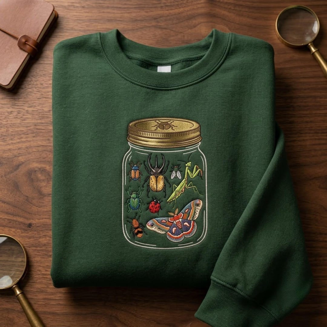 Insect Collection Mason Jar Beetles Moth Butterfly Ladybug Praying Mantis embroidered sweatshirt — front view