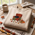 Cozy Fall Black Cat Sleeping Armchair Books Pumpkin Autumn Leaves embroidered sweatshirt — front view